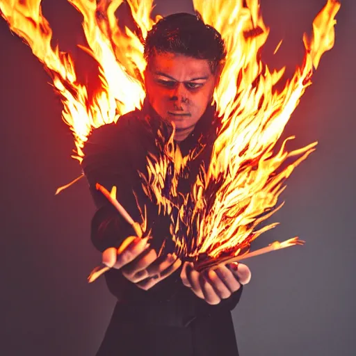 Prompt: photo of a man with flaming black wings and shooting fire out of his hands