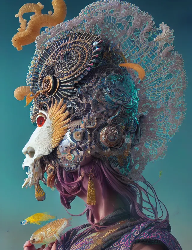 Image similar to 3 d goddess close - up profile solarpunk portrait ram skull. beautiful intricately detailed japanese crow kitsune mask and clasical japanese kimono. betta fish, jellyfish phoenix, bio luminescent, plasma, ice, water, wind, creature, artwork by tooth wu and wlop and beeple and greg rutkowski