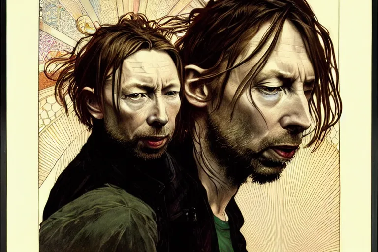 Image similar to hyper realistic portrait of thom yorke singer songwriter, side, liminal space, by lee bermejo, alphonse mucha and greg rutkowski