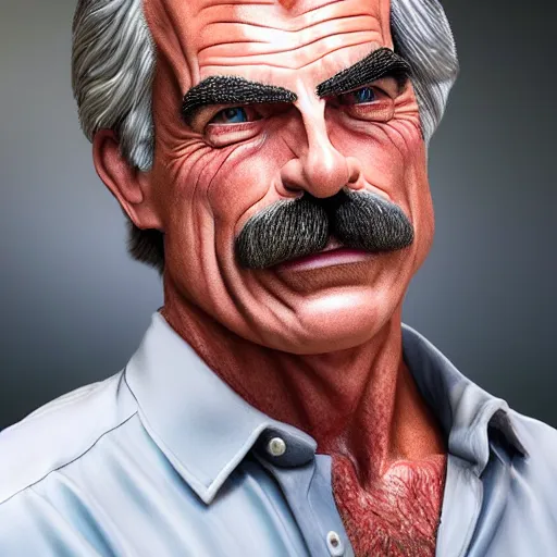 Image similar to The Lovechild of Tom Selleck and Sam Elliott, real life, hyperrealistic, ultra realistic, realistic, highly detailed, epic, HD quality, 8k resolution, body and headshot, front facing, front view, headshot and bodyshot, detailed face, very detailed face