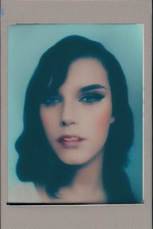 Prompt: vintage polaroid analog portrait photography of a beautiful young trans woman wearing makeup, warm azure tones, heavy lensflare, color bleed, film grain