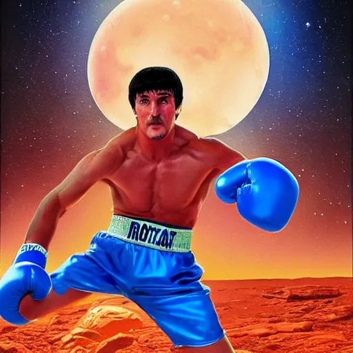 Image similar to rocky balboa on mars, boxing martians, high detailed, vivid colors, photorealistic, poster,