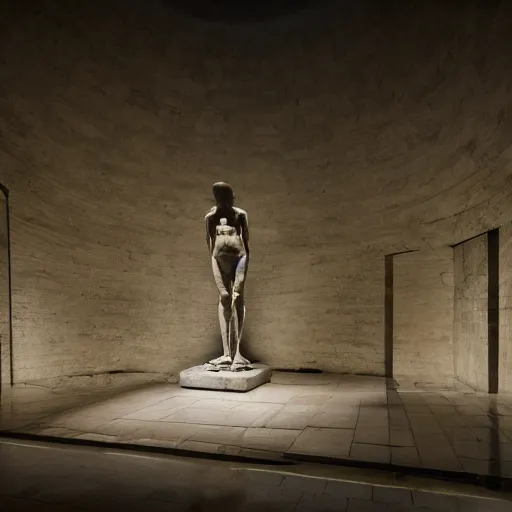 Image similar to louvre of sinister statues. dimmed light. dust. ominous. photoreal. hyper detailed