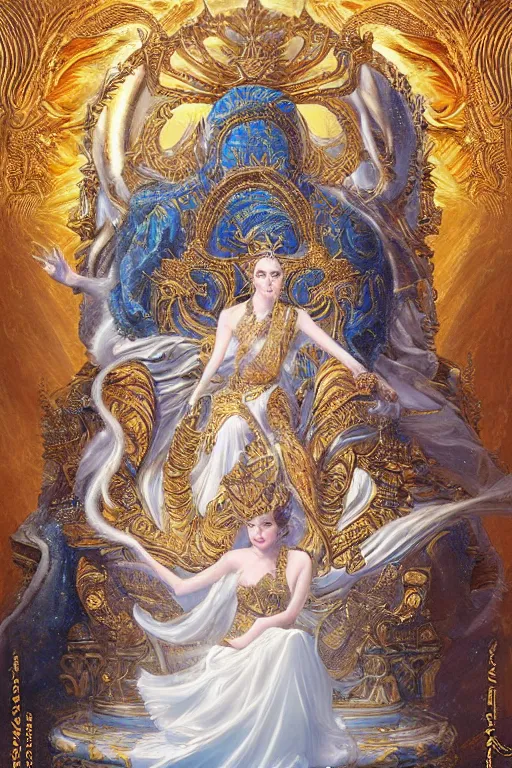 Image similar to ultradetailed painting of a beautiful empress on a throne made of waves and ice with a single grand white and gold tiger guardian by Karol Bak, volumetric lighting, tarot card