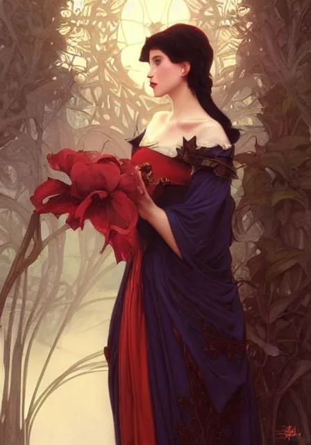 Image similar to snow white and evil queen, intricate, elegant, highly detailed, digital painting, artstation, concept art, smooth, sharp focus, illustration, art by artgerm and greg rutkowski and alphonse mucha and william - adolphe bouguereau