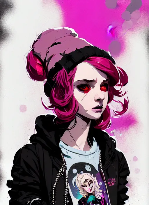 Image similar to highly detailed portrait of a sewer punk lady, tartan hoody, blonde ringlet hair by atey ghailan, by greg rutkowski, by greg tocchini, by james gilleard, by joe fenton, by kaethe butcher, gradient magenta, black, blonde cream and white color scheme, grunge aesthetic!!! ( ( graffiti tag wall background ) )