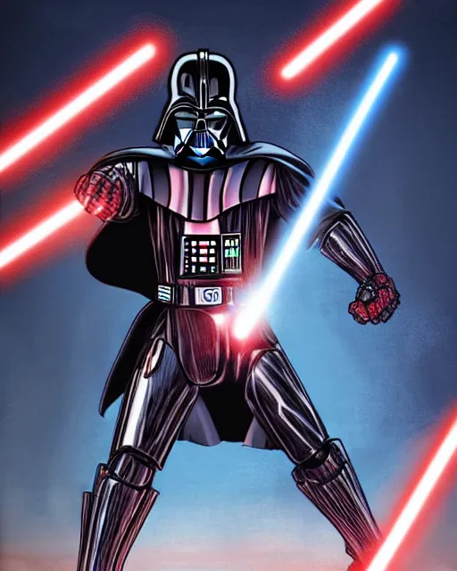 Prompt: darth vader wearing an iron man suit and firing repulsor energy shots from his hands, low camera angle, dramatic lighting, yusuke murata anime, colored, highly detailed