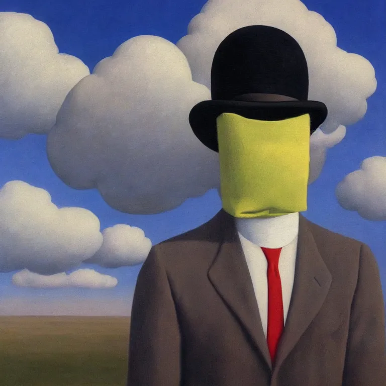 Image similar to portrait of man in a suit with cloud hiding his face by rene magritte, detailed painting, hd, hq, high resolution, high detail, 4 k, 8 k