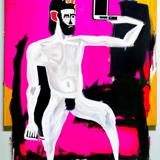 Prompt: A mirror selfie of a handsome muscular man with white angel wings and black devil horns holding an iPhone, pitchfork, full body, pink background, abstract jean-Michel Basquiat oil painting with thick paint strokes, oil on canvas, detailed