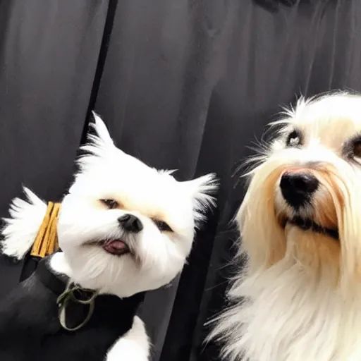 Prompt: a black cat and a maltese dog taking a selfie
