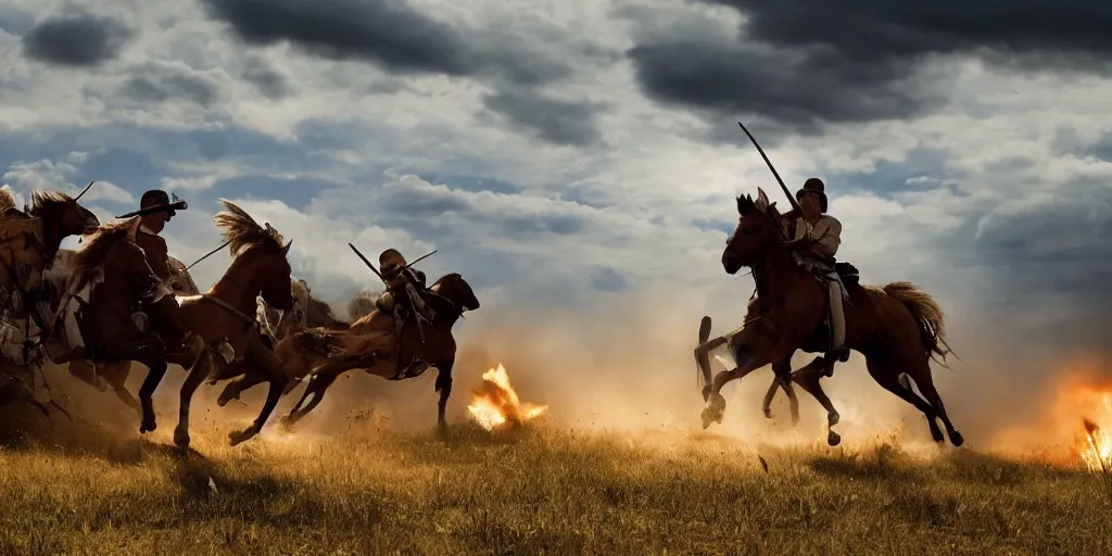 Image similar to promotional movie still of an action shot from the battle of little bighorn, custer's last stand, majestic horses, desperate action, dramatic hdr natural light, cinematic lighting, extremely high detail, photorealistic, imax 7 0 mm, iso 4 0 0, 8 k, 4 k, hq