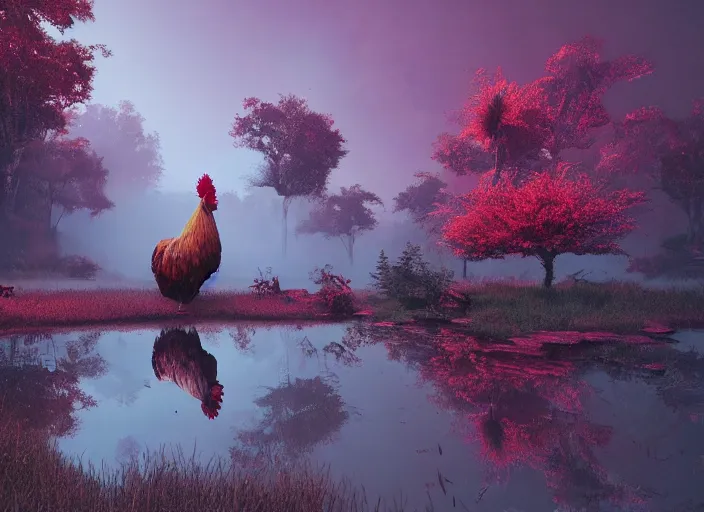 Image similar to soft painting large rooster reflection refraction world synthwave ruins ponds alien vegetation, accurate features, focus, very intricate ultrafine details, black autumn, dense fog, award winning masterpiece, octane render 8 k hd, fantasy