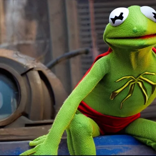 Image similar to photo of Kermit the frog as spiderman in averngers movie