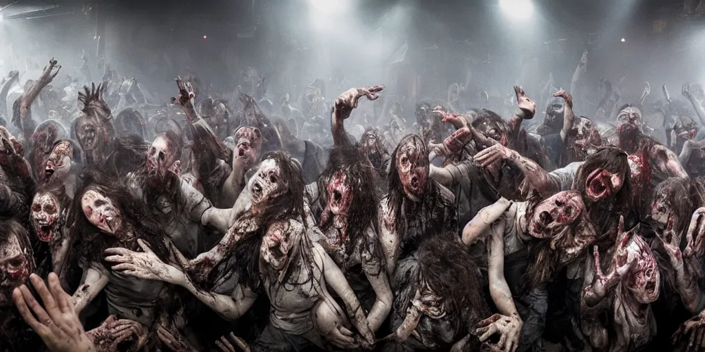 Image similar to epic scene of zombie moshpit, post-apocalyptic, post-human, dramatic, highly detailed, sharp focus, 8k, 35mm, cinematic lighting