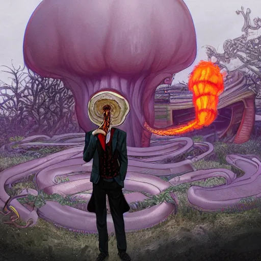 Image similar to A centered chest up portrait of a psychedelic demonic anthropomorphic snake smoking a hand-rolled cigarette smoking heavily , magic mushroom village in background , award winning. superb resolution. in the art style of junji Ito and greg rutkowski . Detailed Mushroom city in background. Hyper realistic anime. Perfect art. Dalle2