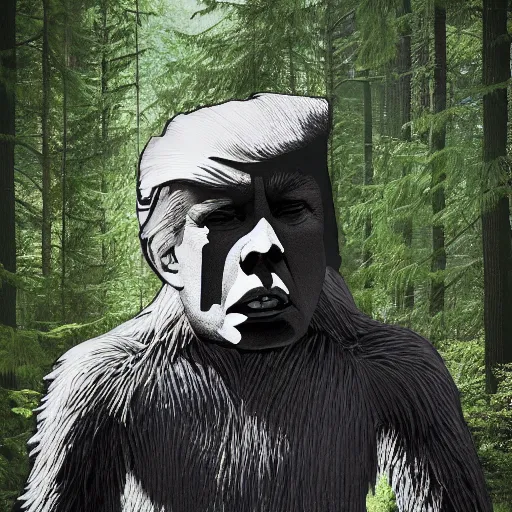 Prompt: donald trump as bigfoot, cryptozoology photograph, forest, setting,