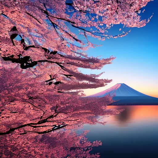 Prompt: a cinematic shot of mount fuji and cherry blossom trees and it's leaves falling on a breezy sunset, 4 k, unreal engine 6,