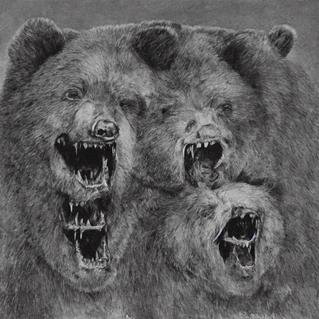 Image similar to horrifying bear, fangs, style of mark powell