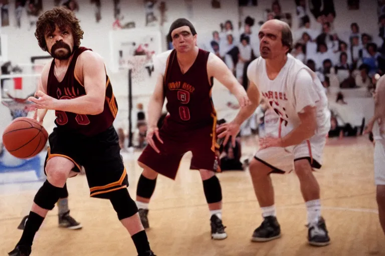 Image similar to peter dinklage playing basketball movie still, from the new slam dunk ernest movie, 8 k, realistic