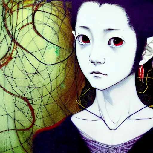 Prompt: yoshitaka amano blurred and dreamy realistic three quarter angle horror portrait of a sinister young woman with short hair, big earrings and white eyes wearing office suit with tie, junji ito abstract patterns in the background, satoshi kon anime, noisy film grain effect, highly detailed, renaissance oil painting, weird portrait angle, blurred lost edges