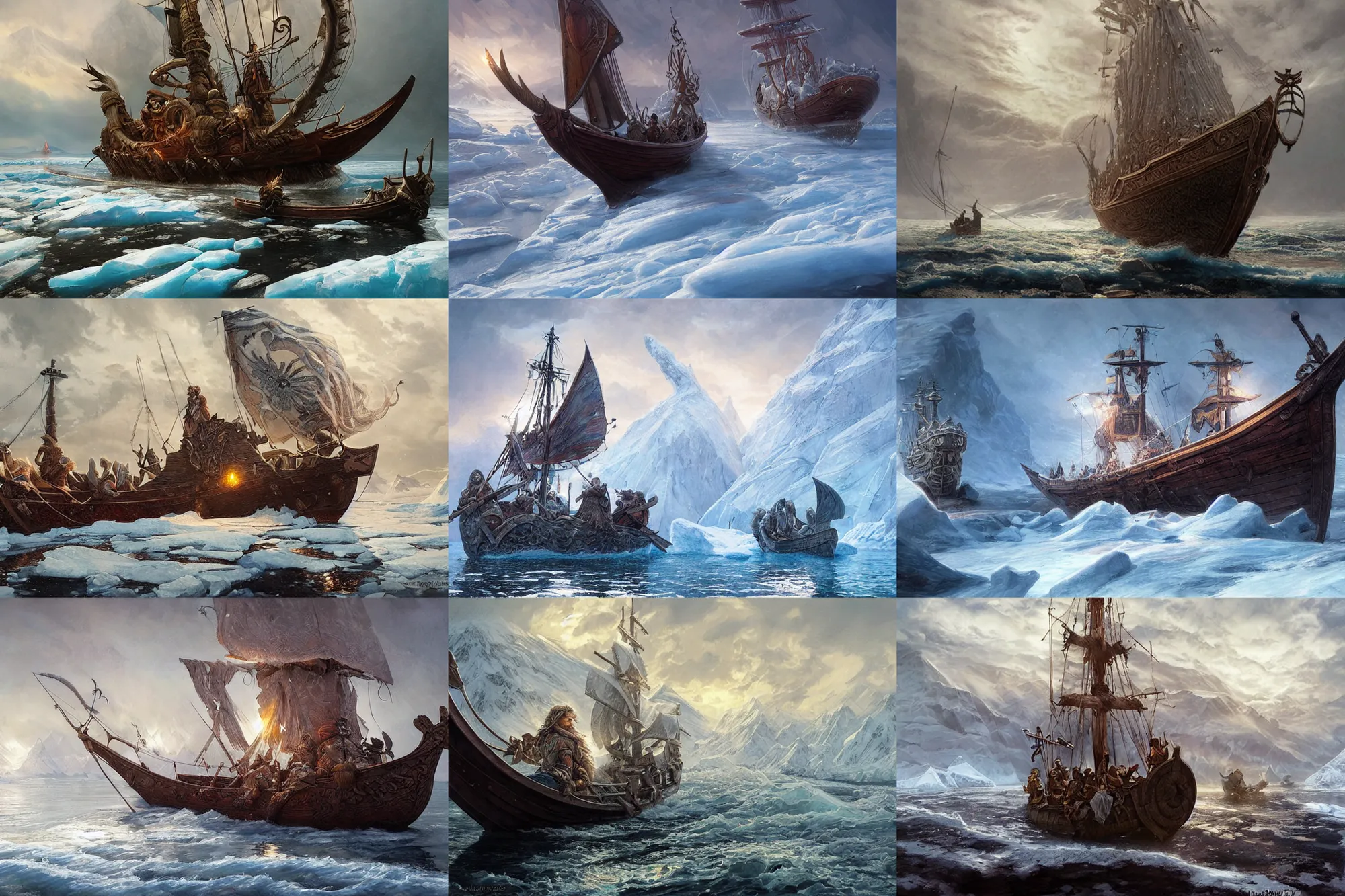 Prompt: viking longship in the arctic ocean, fantasy, D&D, intricate, blizzard, highly detailed, digital painting, concept art, sharp focus, illustration, cold, art by artgerm and greg rutkowski and alphonse mucha
