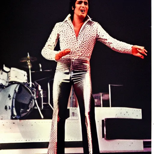 Prompt: 1 9 7 5 elvis presley performing in a jumpsuit, art of alessandro pautasso, rainbow