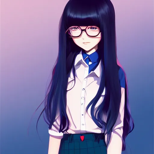 Image similar to urban school girl in shirt fanart, dark blue long hair, muted colors, matte print, pastel colors, ornate, digital art, cute smile, digital painting, fan art, elegant, pixiv, by Ilya Kuvshinov, by Studio Ghibli