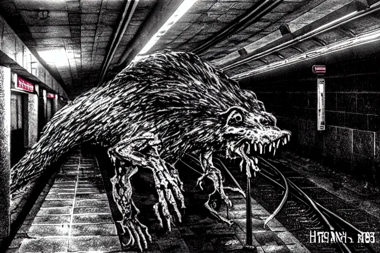 Prompt: very large giant mutant zombie irradiated ( angry rat ) staying on railways in tonnel of moscow subway. tonnel, railways, giant angry rat, furr, fangs, claws, very realistic. extreme long shot, 1 6 mm, herman nitsch, giger.