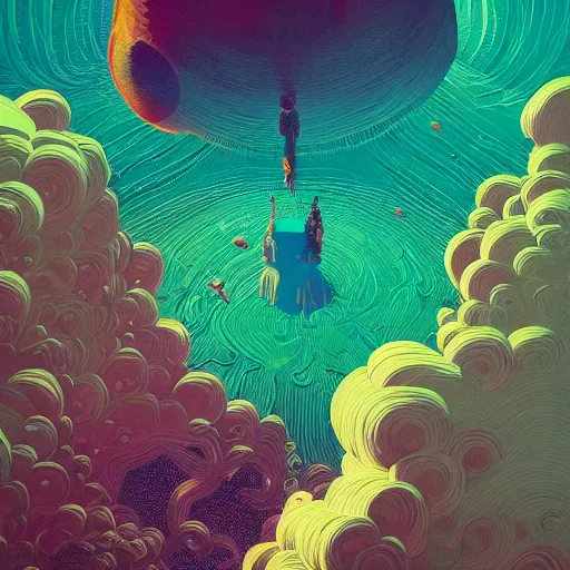 Prompt: Highly detailed swirly minimalist artstation painting by Victo Ngai, Kilian Eng vibrant colors, winning-award masterpiece, fantastically gaudy, aesthetic octane render, cyberskull portrait inspired in beksinski and dan mumford work, remixed with Simon Stalenhag work, sitting on the cosmic cloudscape