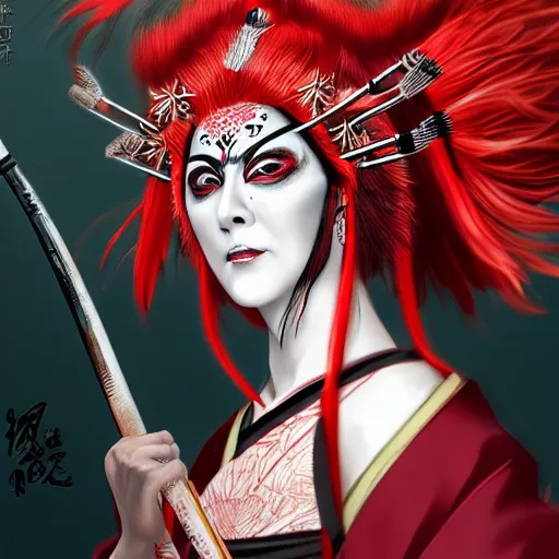 Prompt: an epic portrait of insane kabuki wielding a spear while striking a pose, magical aura of insanity driving beasts insane, intricate hakama, red wig, detailed face with crossed eyes, high energy, trending on artstation, detailed concept art,