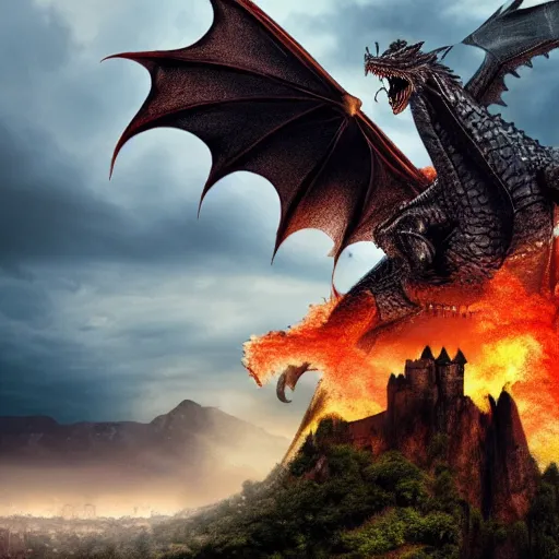 Prompt: a knight going to jump to get on a dragons back as the dragon breathes fire and inflames the ground beneath him, with castle in distance, stormy, raining, 4 k, hd, realistic