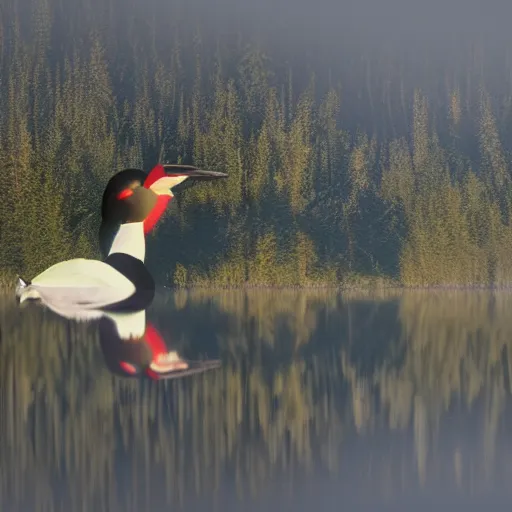 Prompt: high resolution photograph of a loon with an evil reflection, eerie, morning light, misty lake