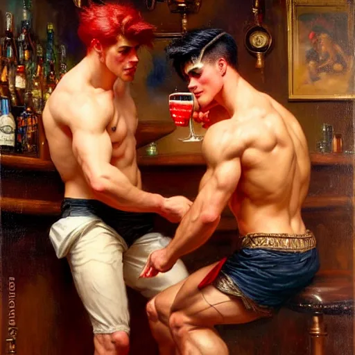 Image similar to attractive muscular male with red hair and attractive muscular male with black hair. pants and shorts, drinking their hearts out, having fun, in a pub. highly detailed and very defined painting by gaston bussiere, j. c. leyendecker, craig mullins 8 k