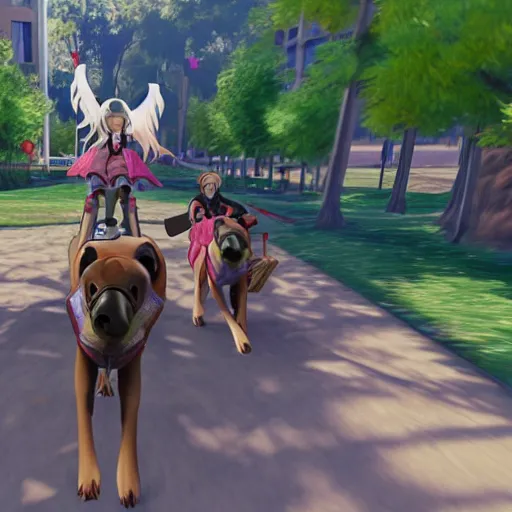 Image similar to screenshot from a 3 d video game about anime girls riding giant dogs