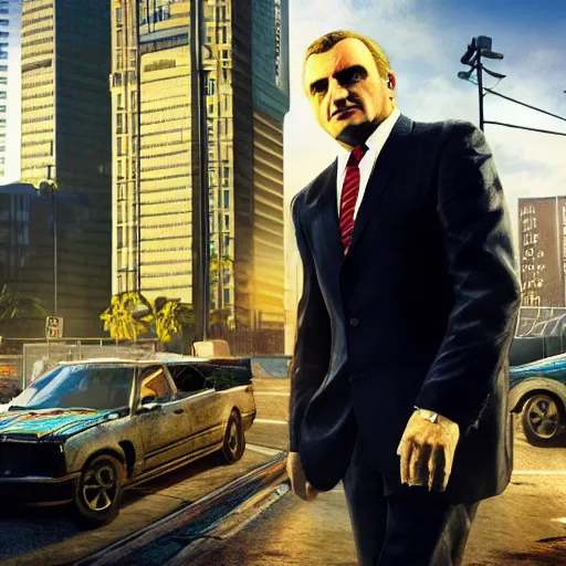 Prompt: Bertie Ahern GTA V key art