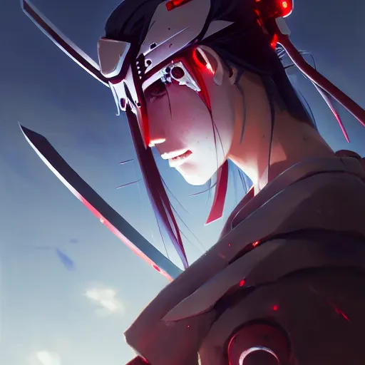 Image similar to cyborg samurai, gapmoe yandere grimdark, trending on pixiv fanbox, painted by greg rutkowski makoto shinkai takashi takeuchi studio ghibli, akihiko yoshida