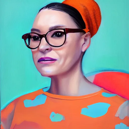 Prompt: realistic painting portrait of a 35 year old woman with orange glasses