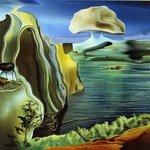 Image similar to painting of a lush natural scene on an alien planet by salvador dali. beautiful landscape. weird vegetation. cliffs and water.