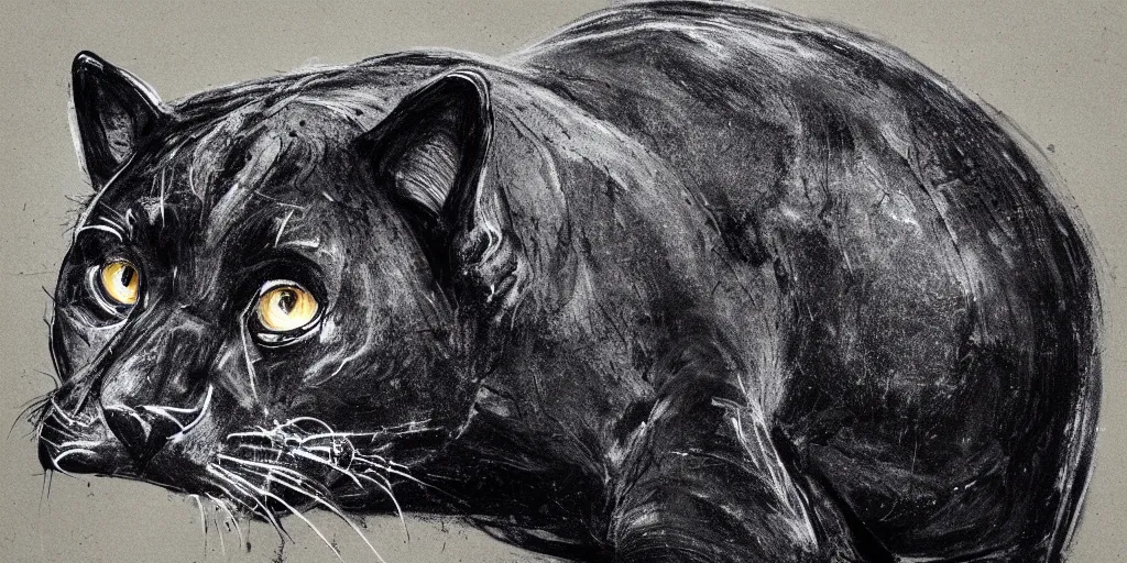 Image similar to a panther, made of smooth black goo, viscous, sticky, full of tar, covered with black goo. concept art, painting, animal drawing, color, savanna, wildlife photography, black goo, portrait, animal portrait