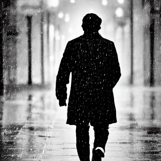 Image similar to A dramatic portrait painting of a man wearing yellow rain coat , holding red umbrella , walking in a black and white street . Cinematic lighting