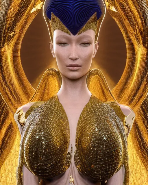 Image similar to a highly detailed metahuman 4 k close up render of an alien goddess bella hadid monument pharaoh in iris van herpen dress schiaparelli in diamonds crystals swarovski and jewelry iridescent in style of alphonse mucha gustav klimt trending on artstation made in unreal engine 4