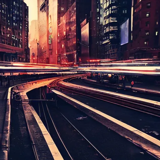 Prompt: futuristic train drives over busy street full of cars in nyc at night, still photo, cinematic lighting –n 9 –i