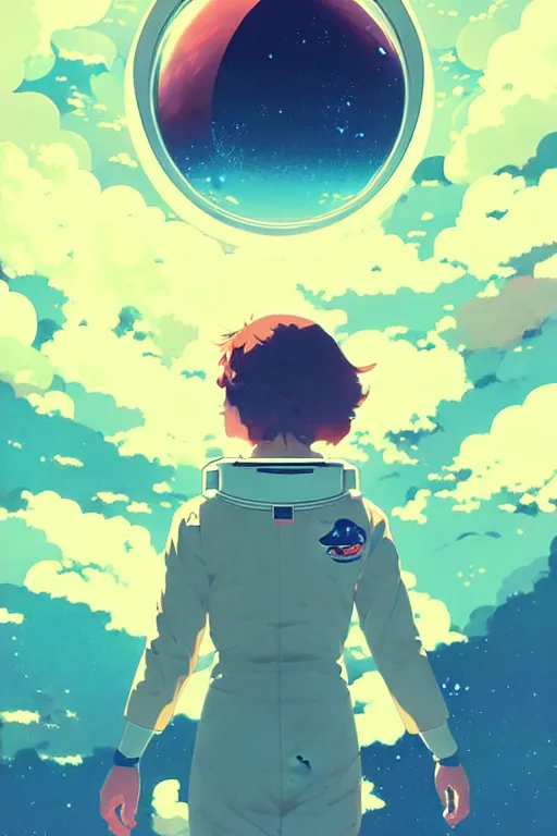 Image similar to poster of a female astronaut by ilya kuvshinov, cloudy sky background lush landscape ln illustration concept art anime key visual trending pixiv by victo ngai fanbox by greg rutkowski makoto shinkai takashi takeuchi studio ghibli