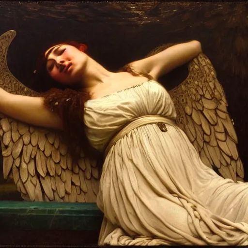 Prompt: oil painting on wood. 1 8 9 6. angel blinded by darkness tortured torment by herbert james draper, sir lawrence alma - tadema, john william godward. epitome of victorian era.. cinematic criterion composition by kurosawa, kubrick. breathing painting.