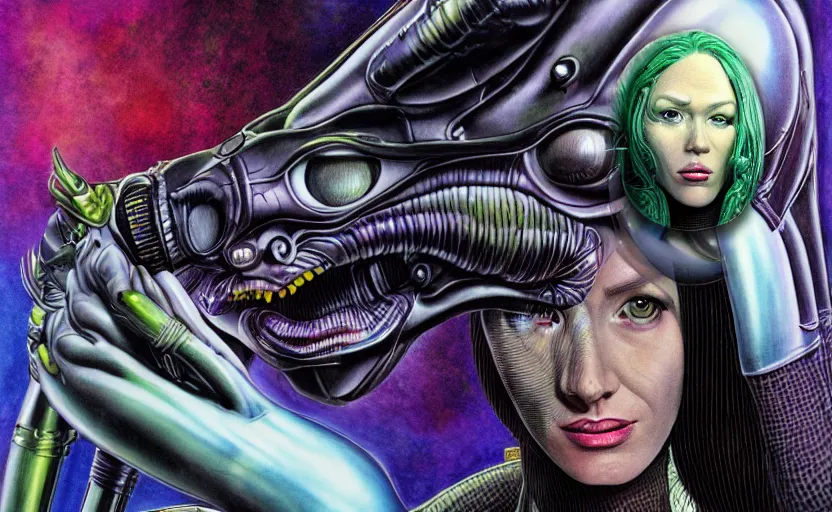 Image similar to An airbrushed mixed media ultra-detailed hyperrealistic full-color fineliner illustration of a female alien detective, comic book art, rotoscoped, combining the styles of Travis Charest, Adam Hughes, Alex Ross and Bill Sienkiewicz, sci-fi, masterpiece, vray render.