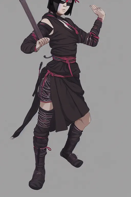 Image similar to native japanese young woman dressed like shinobi ninja, focused stare, partially masked, highly detailed, photorealistic render, digital painting, trending on artstation, character design, overcast weather