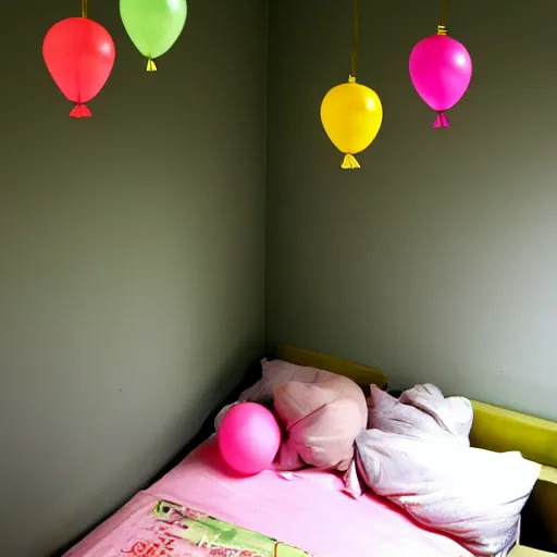 Image similar to japanese paper balloons hanging above a child's bed in their bedroom. dark room with light spilling in from the window