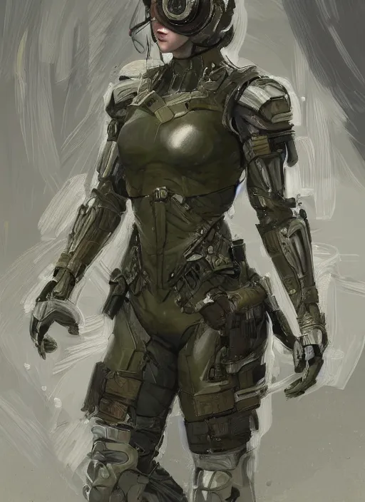 Image similar to a professional painting of a beautiful young female, clothed in stealth armor, nightvision goggles, olive skin, long dark hair, beautiful bone structure, symmetrical facial features, intricate, elegant, digital painting, concept art, smooth, sharp focus, illustration, from Metal Gear, by Ruan Jia and Mandy Jurgens and Artgerm and William-Adolphe Bouguerea