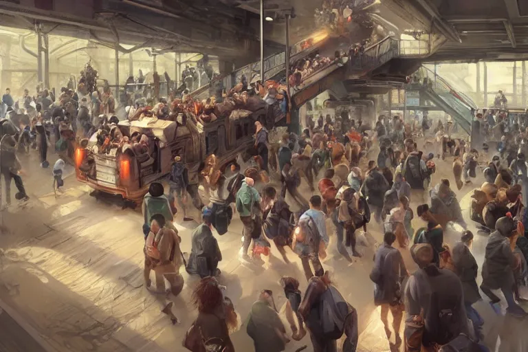 Image similar to subway mayhem as people rush to get on the train that is a chimera cat train, highly detailed, digital painting, artstation, concept art, smooth, sharp focus, illustration, art by greg rutkowski