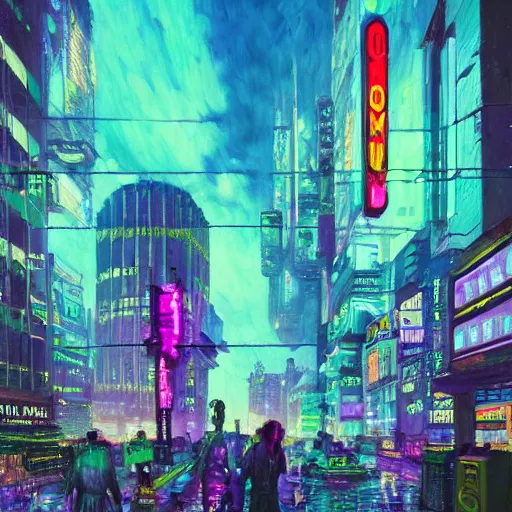 Image similar to an impressionist oil painting of a cyberpunk city with a lot of neon signs, highly detailed, texture, masterpiece, trending on artstation, pink, purple, huge scale, beautiful, isometric projection